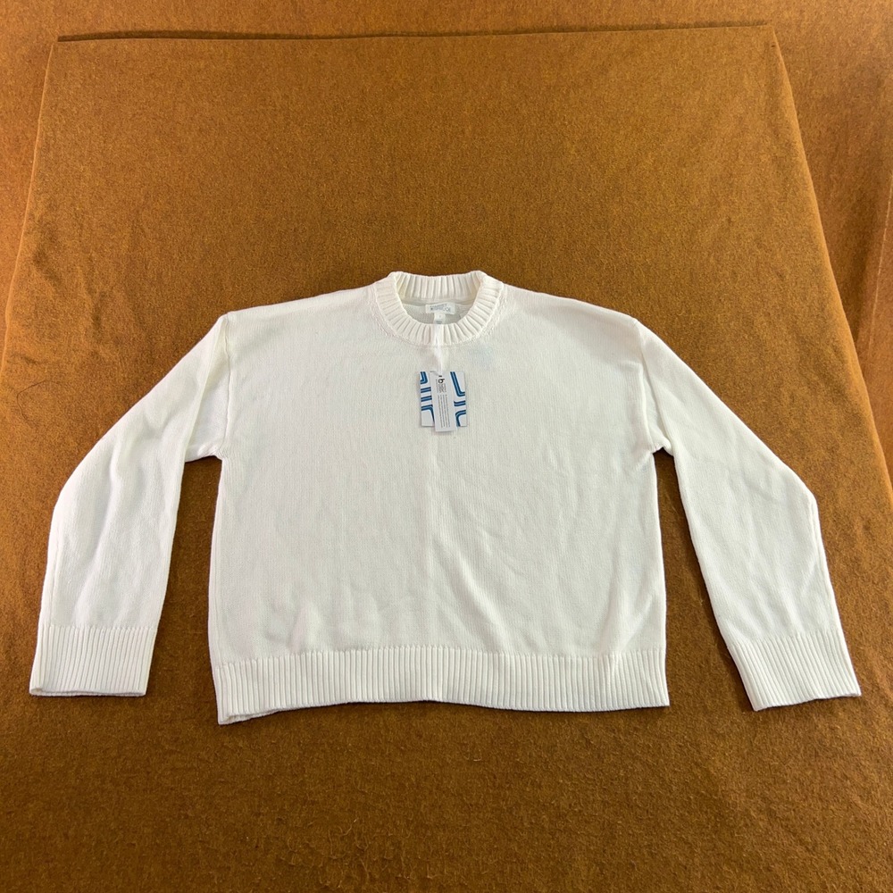 Market & Spruce Womens Large White Cotton Ribbed Trim Crewneck Pullover Sweater